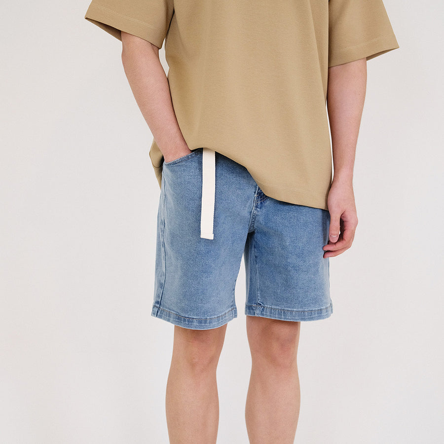 Men Slim Fit Belted Denim Shorts - Blue - SM2311176B