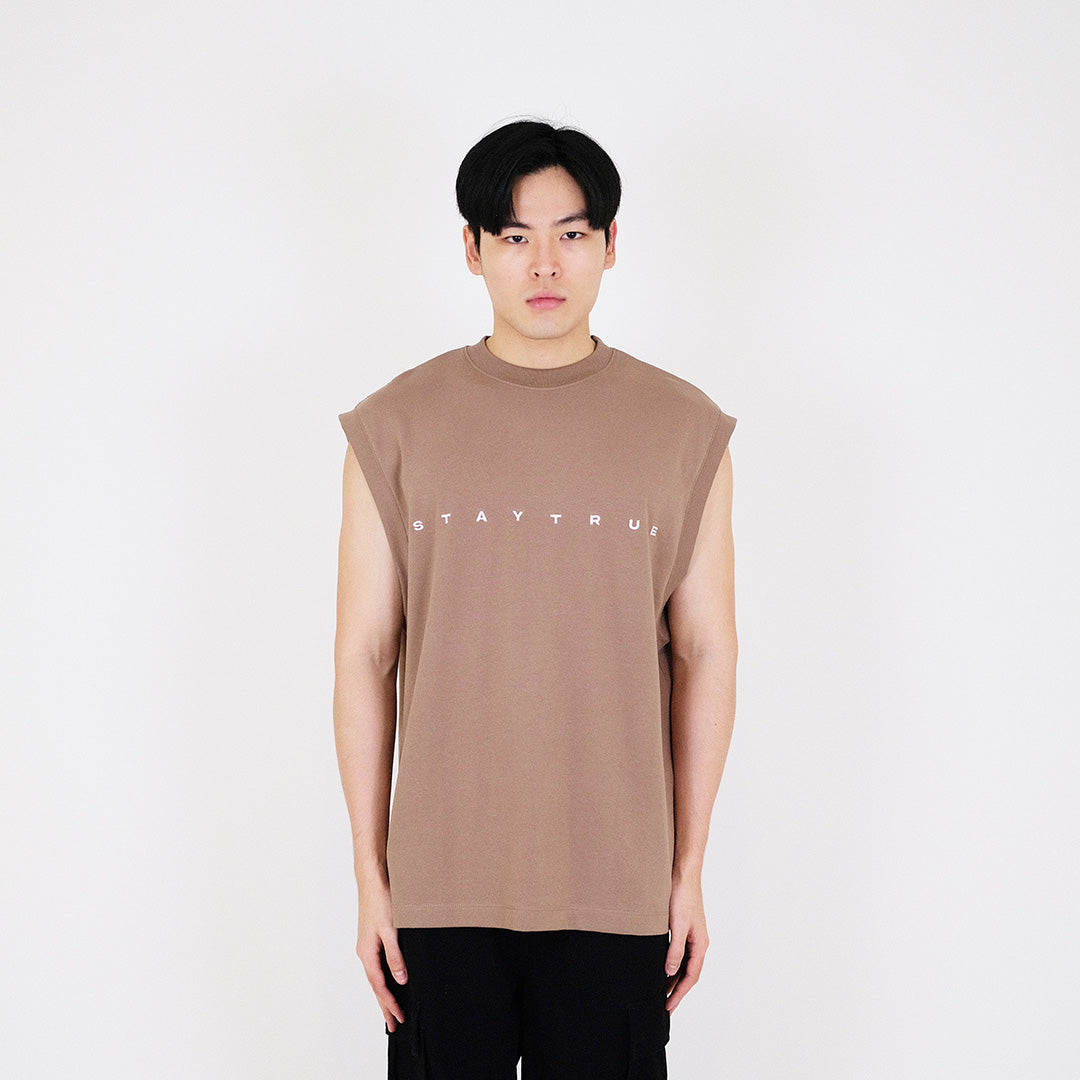 Men Embroidery Oversized Sleeveless Top - Dark Brown - SM2401005B