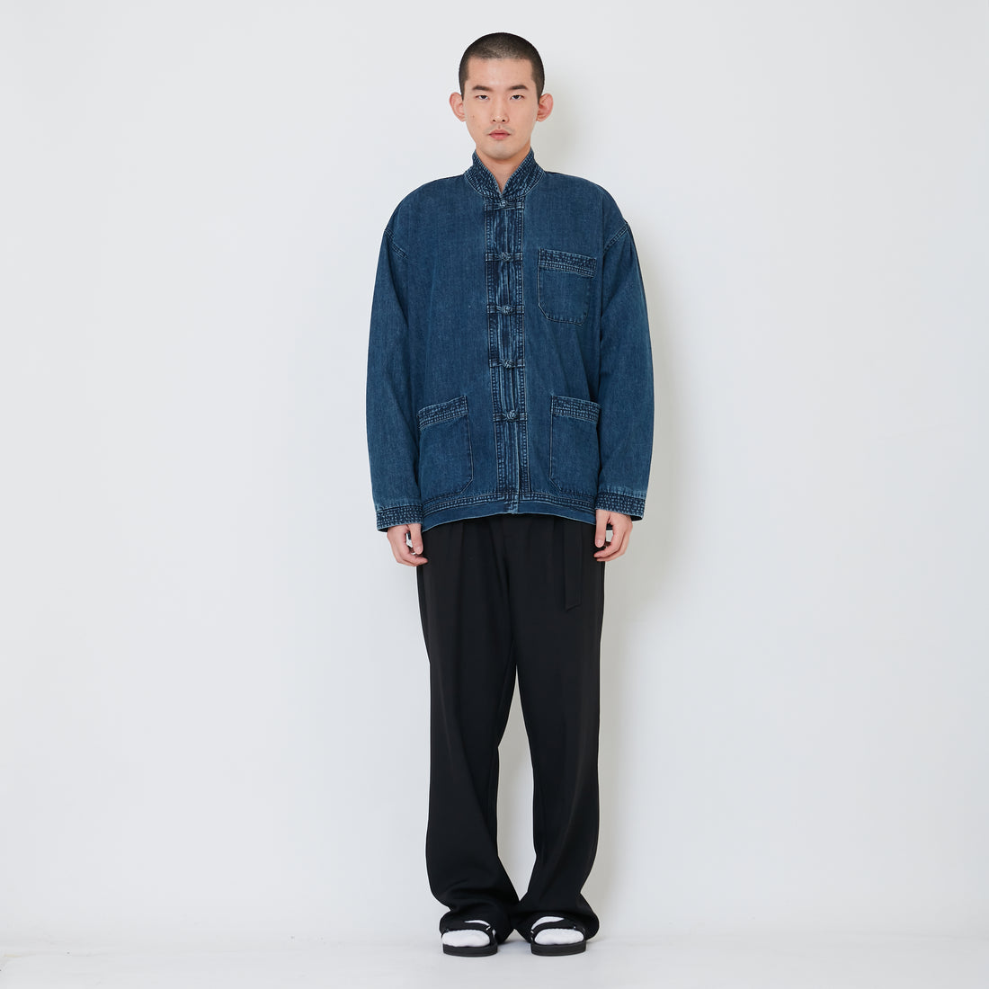 Men Oversized Denim Tang Suit Jacket - Blue - SM2501020A