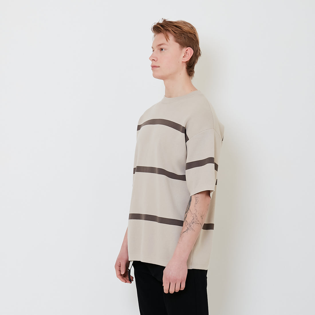 Men Oversized Stripe Sweater - Stone - SM2503059B