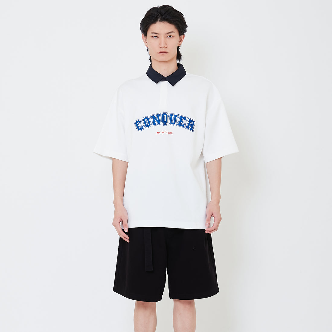 Mens Oversized Embroidery Polo Tee - Off White - SM2504091A