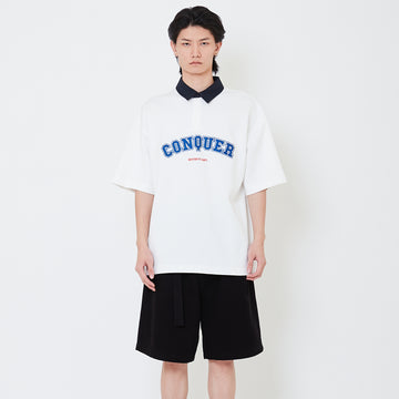 Mens Oversized Embroidery Polo Tee - Off White - SM2504091A