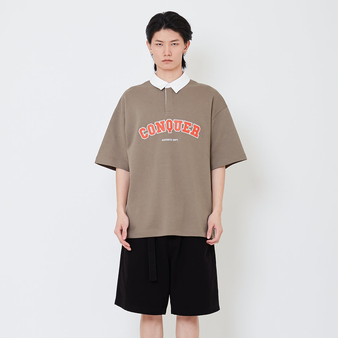 Mens Oversized Embroidery Polo Tee - Army Green - SM2504091B