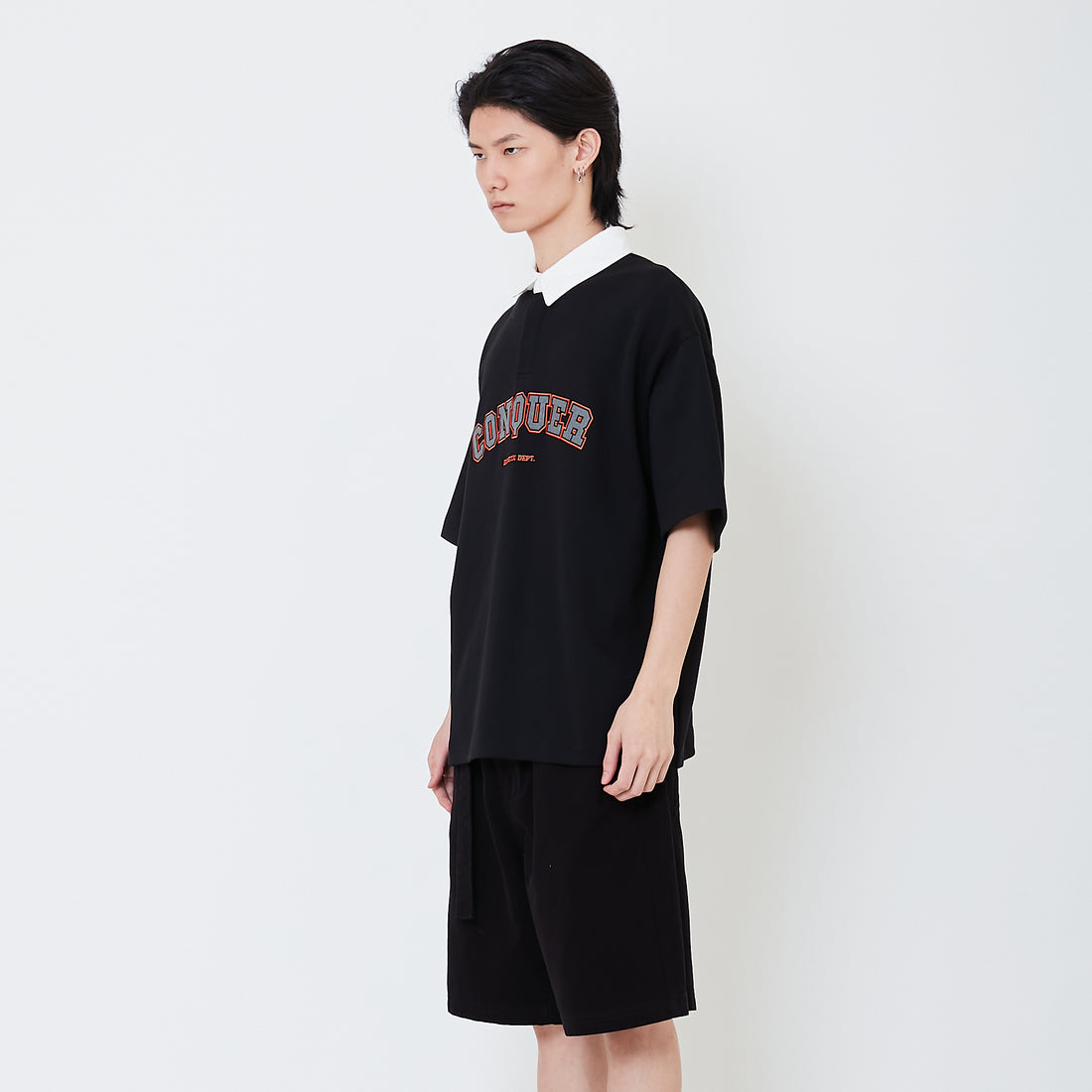 Mens Oversized Embroidery Polo Tee - Black - SM2504091C