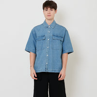 Men Oversized Cropped Denim Shirt - Light Blue - SM2510164B