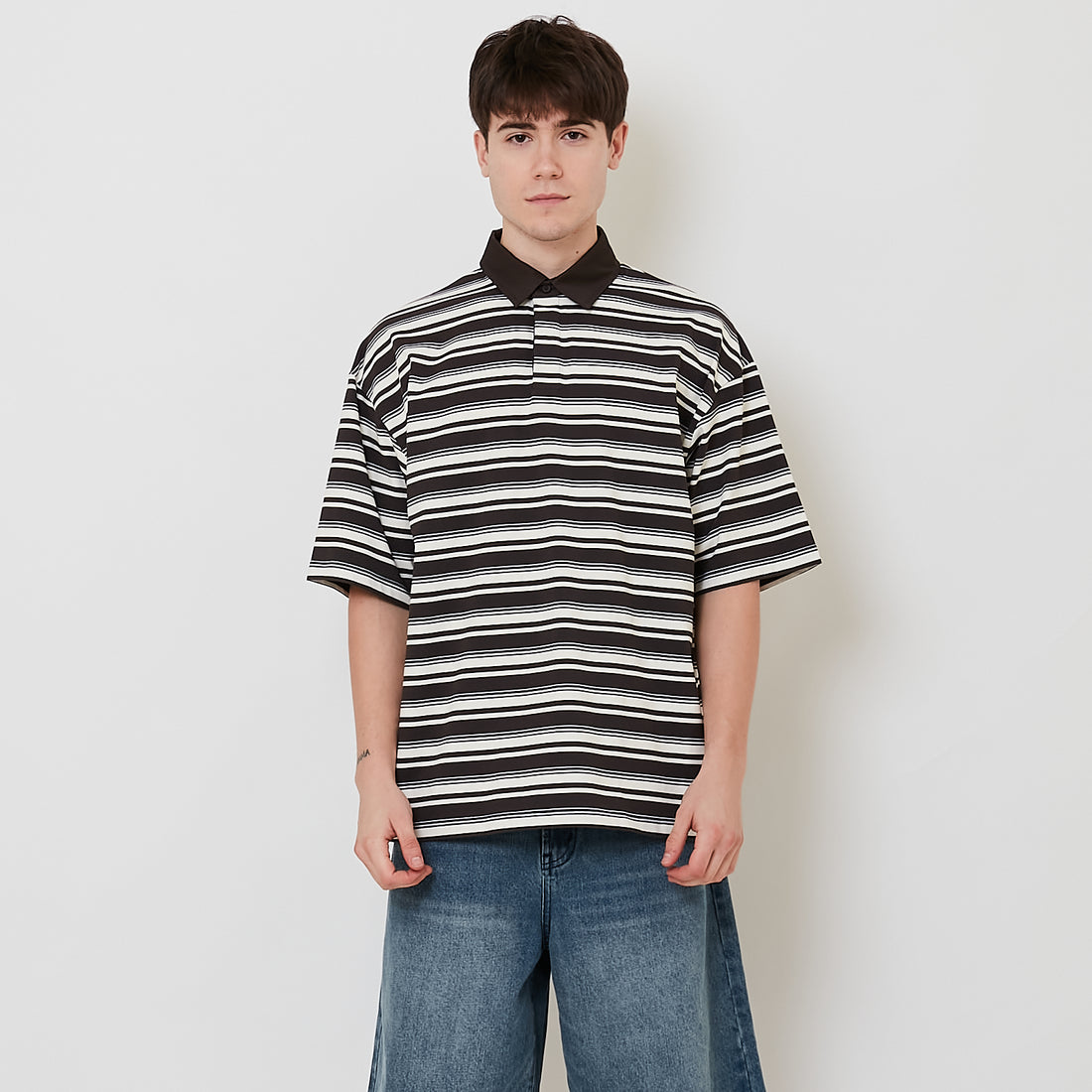 Men Oversized Stripe Polo Tee - Grey - SM2511177A