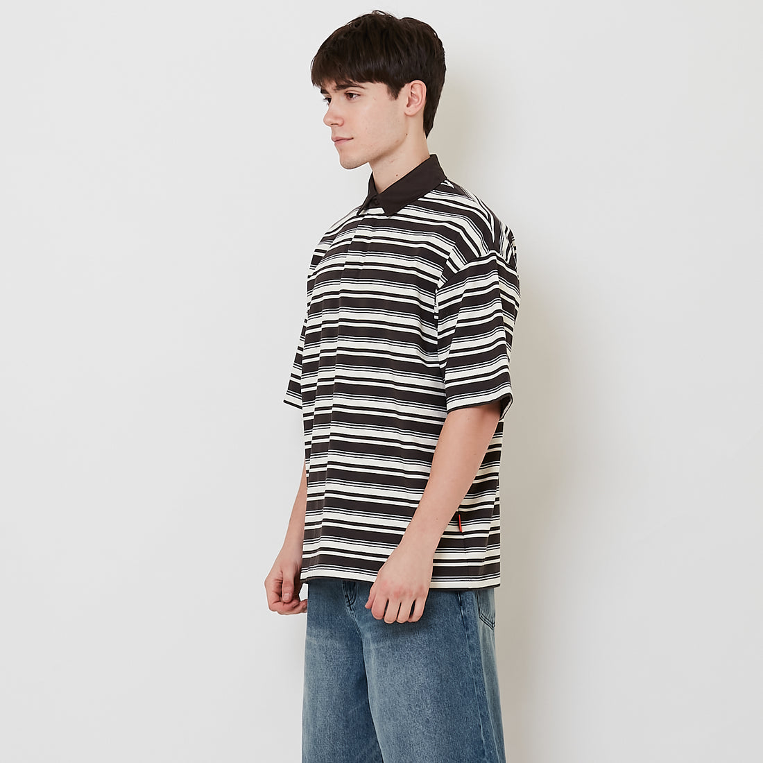Men Oversized Stripe Polo Tee - Grey - SM2511177A