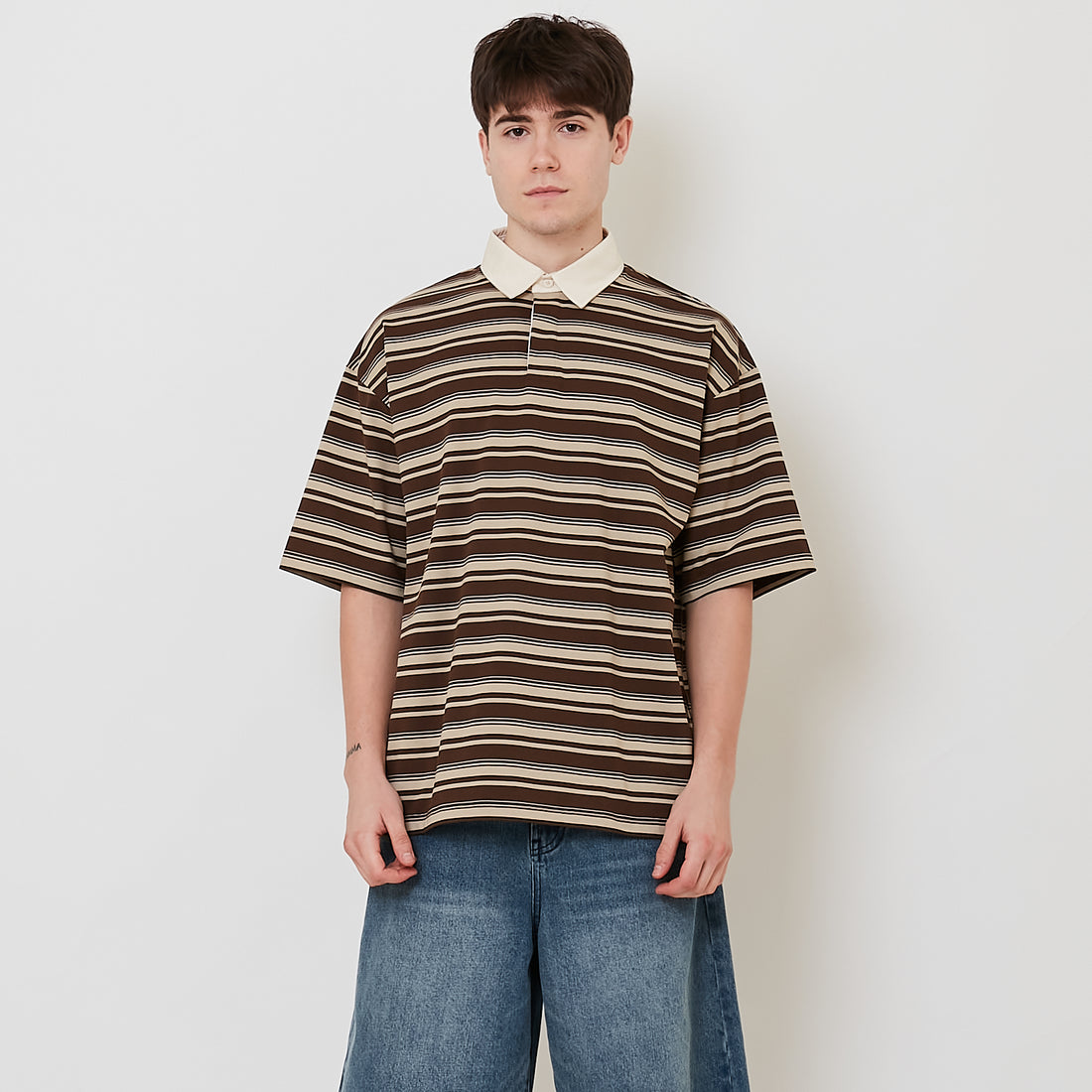 Men Oversized Stripe Polo Tee - Khaki - SM2511177B