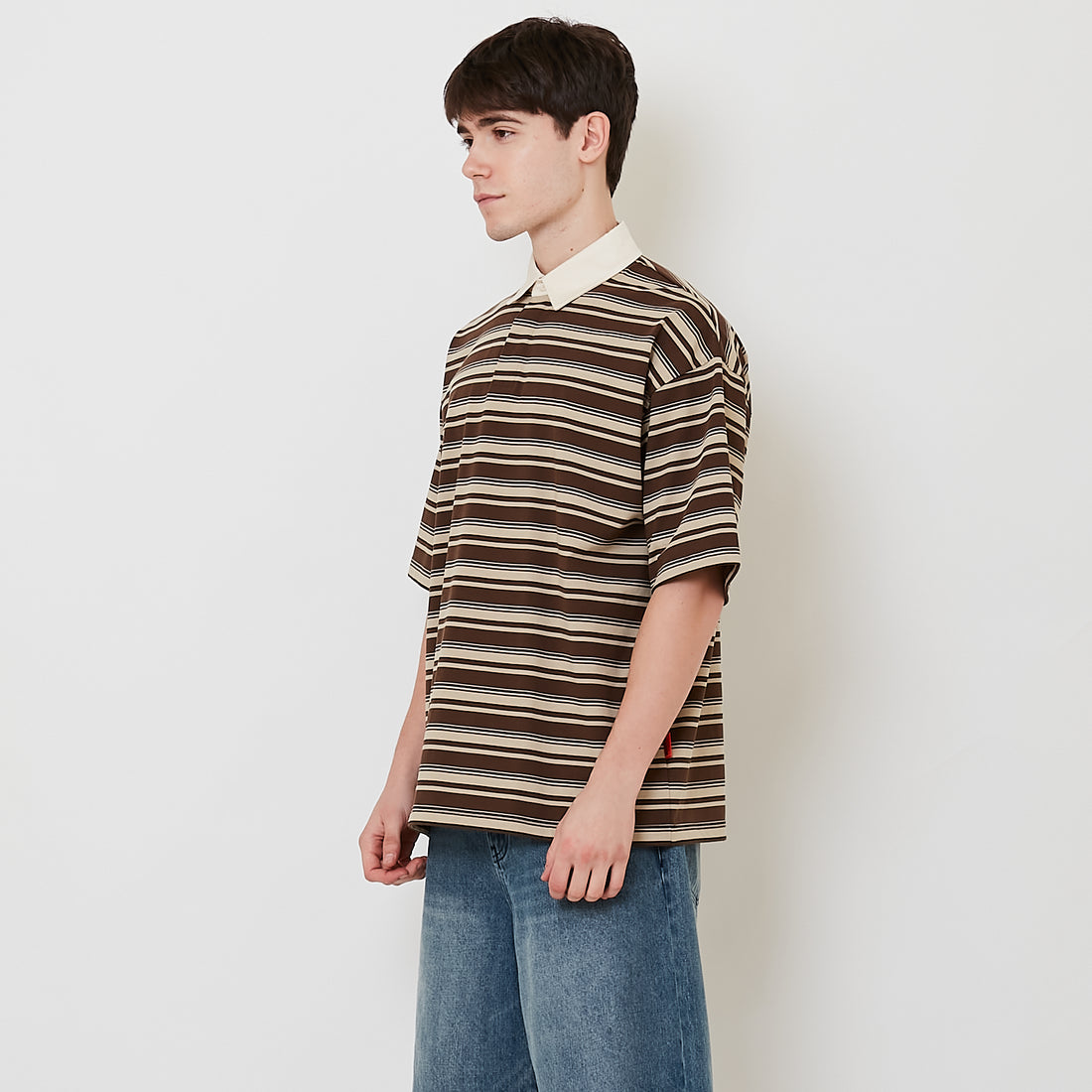 Men Oversized Stripe Polo Tee - Khaki - SM2511177B