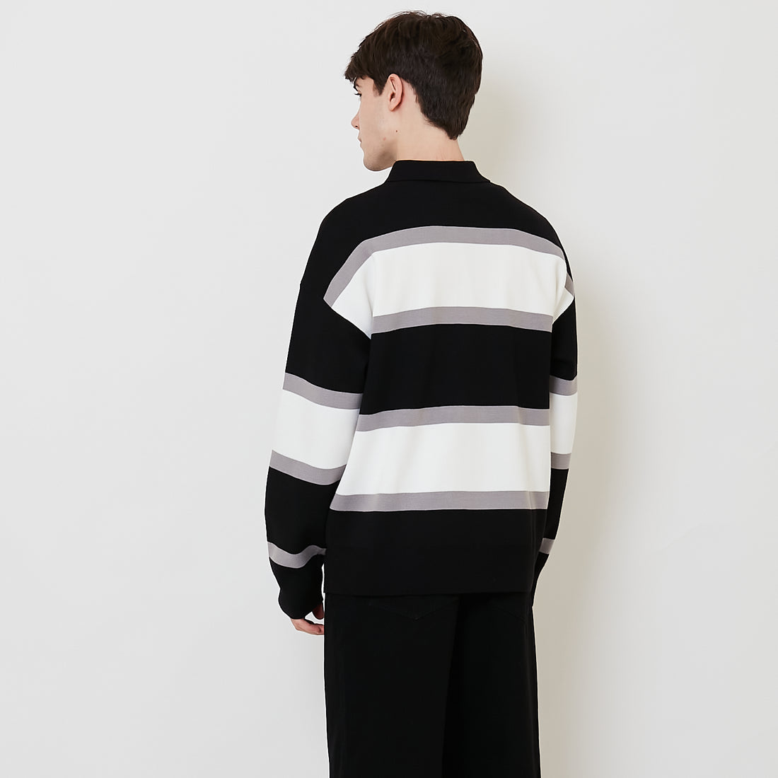 Men Oversized Stripe Sweater - Black - SM2511178B