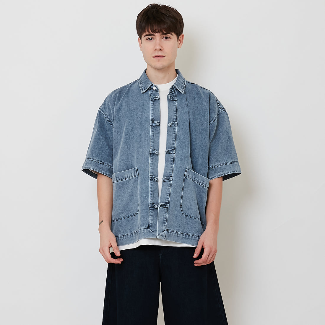 Men Oversized Denim Tang Suit Shirt - Light Blue - SM2512196A