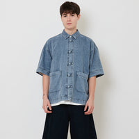 Men Oversized Denim Tang Suit Shirt - Light Blue - SM2512196A