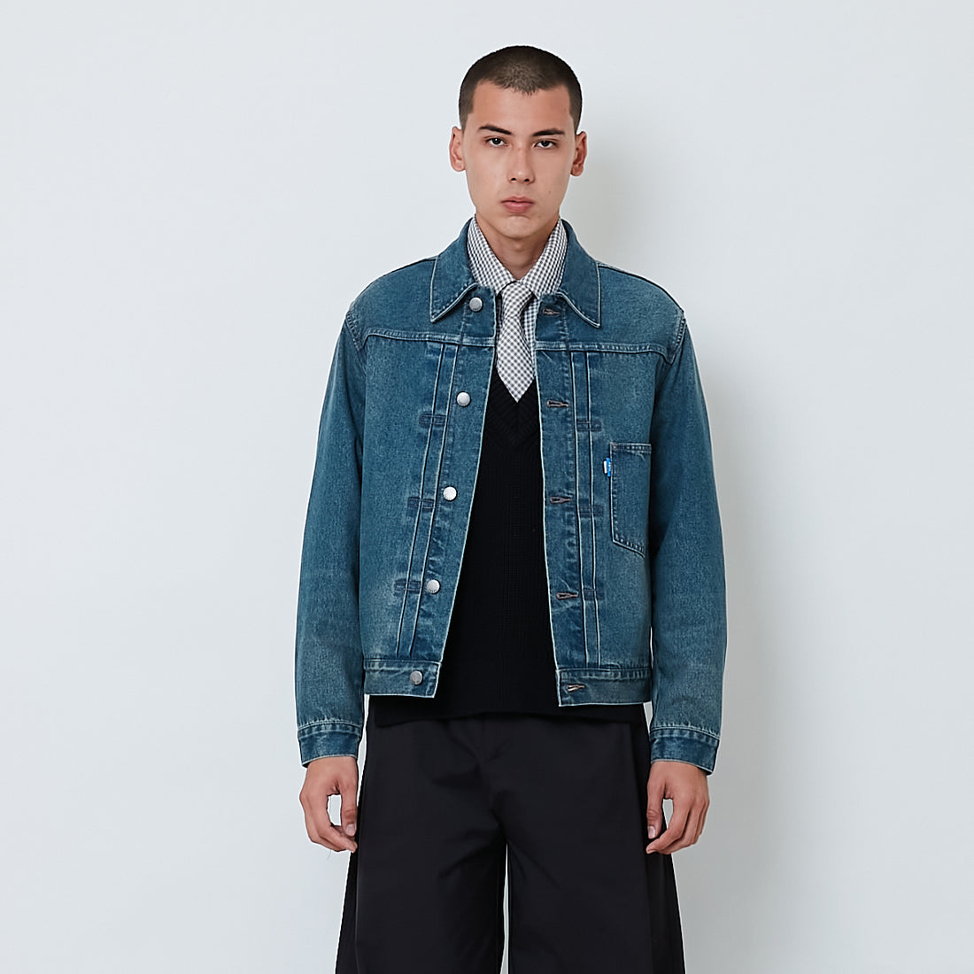 Men Denim Cropped Jacket - Blue - SM2601057A