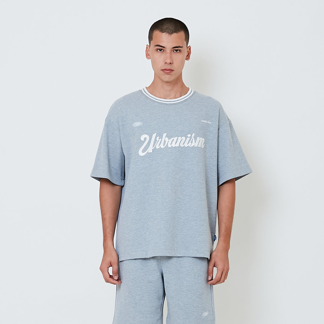 Men Embroidery Oversized Waffle Knit Top - Melange Grey - SM2602028B