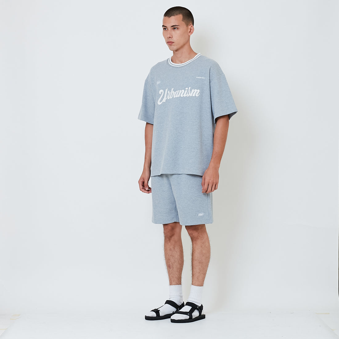 Men Waffle Knit Embroidery Shorts - Melange Grey - SM2602029B