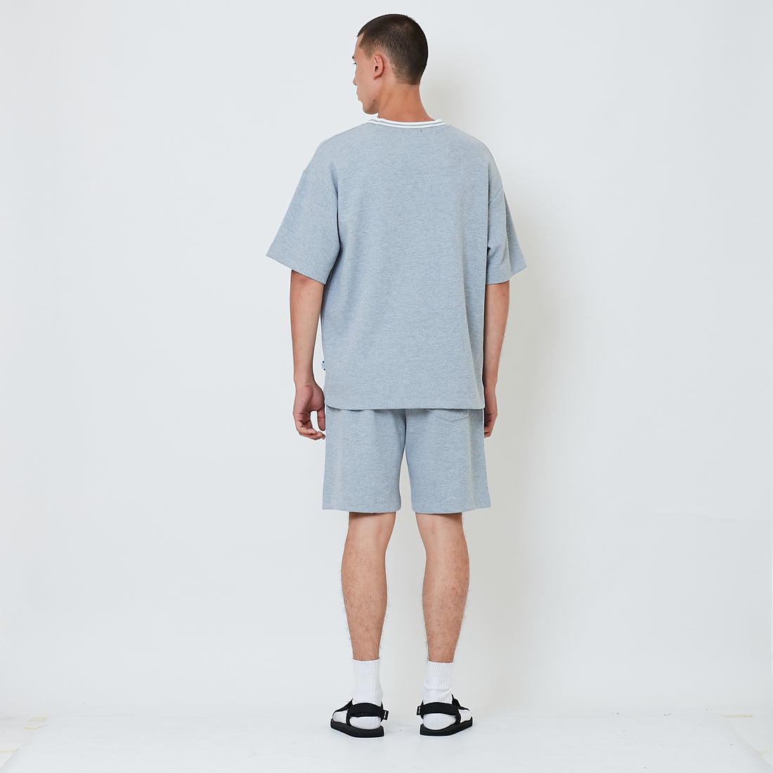 Men Waffle Knit Embroidery Shorts - Melange Grey - SM2602029B