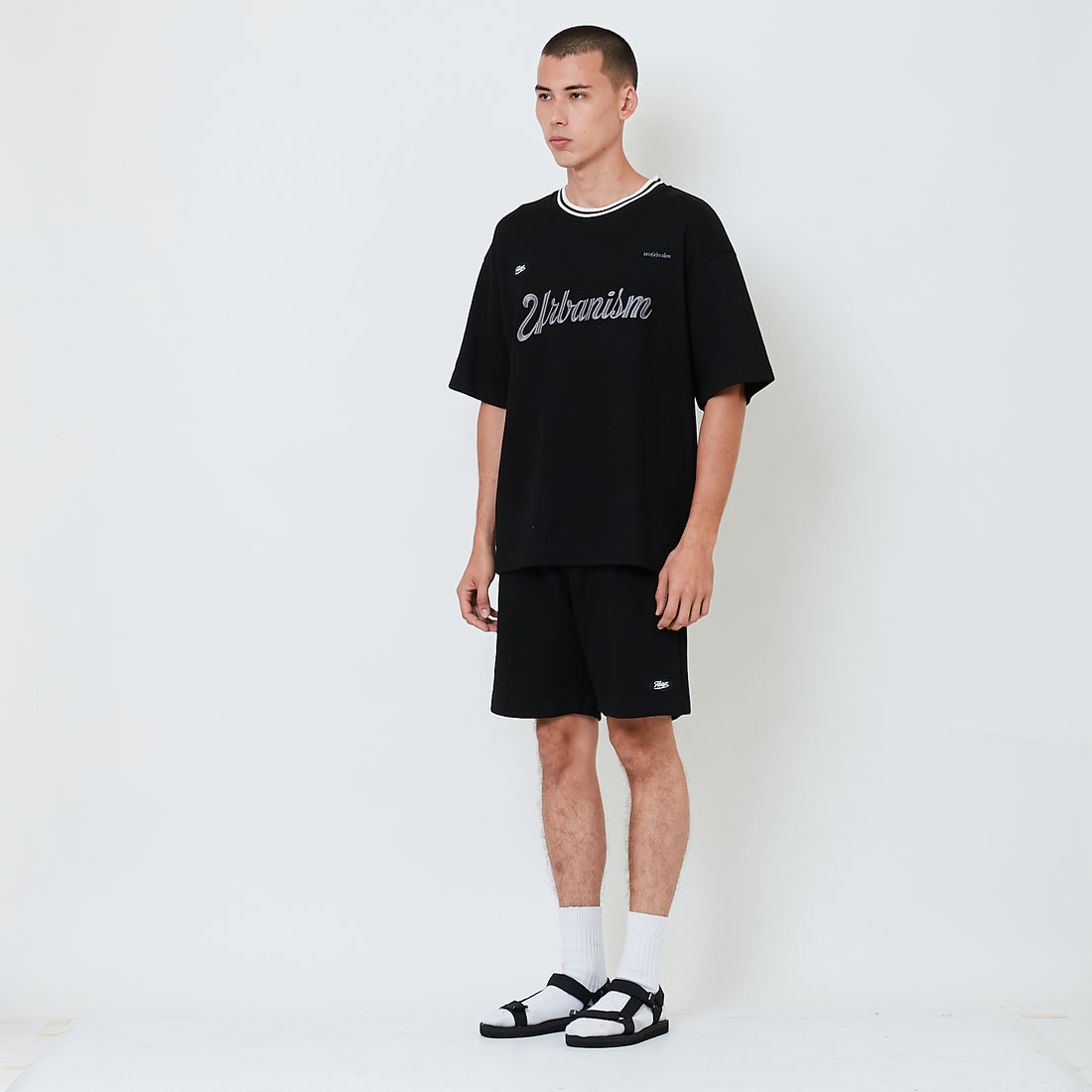 Men Waffle Knit Embroidery Shorts - Black - SM2602029C