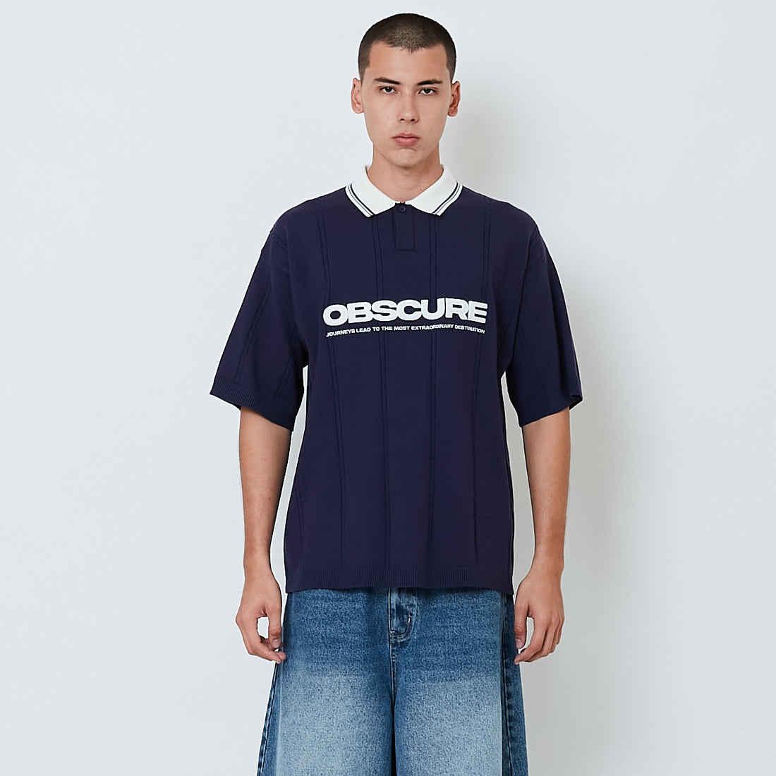 Men Embroidery Oversized Polo Top - Navy - SM2603033B