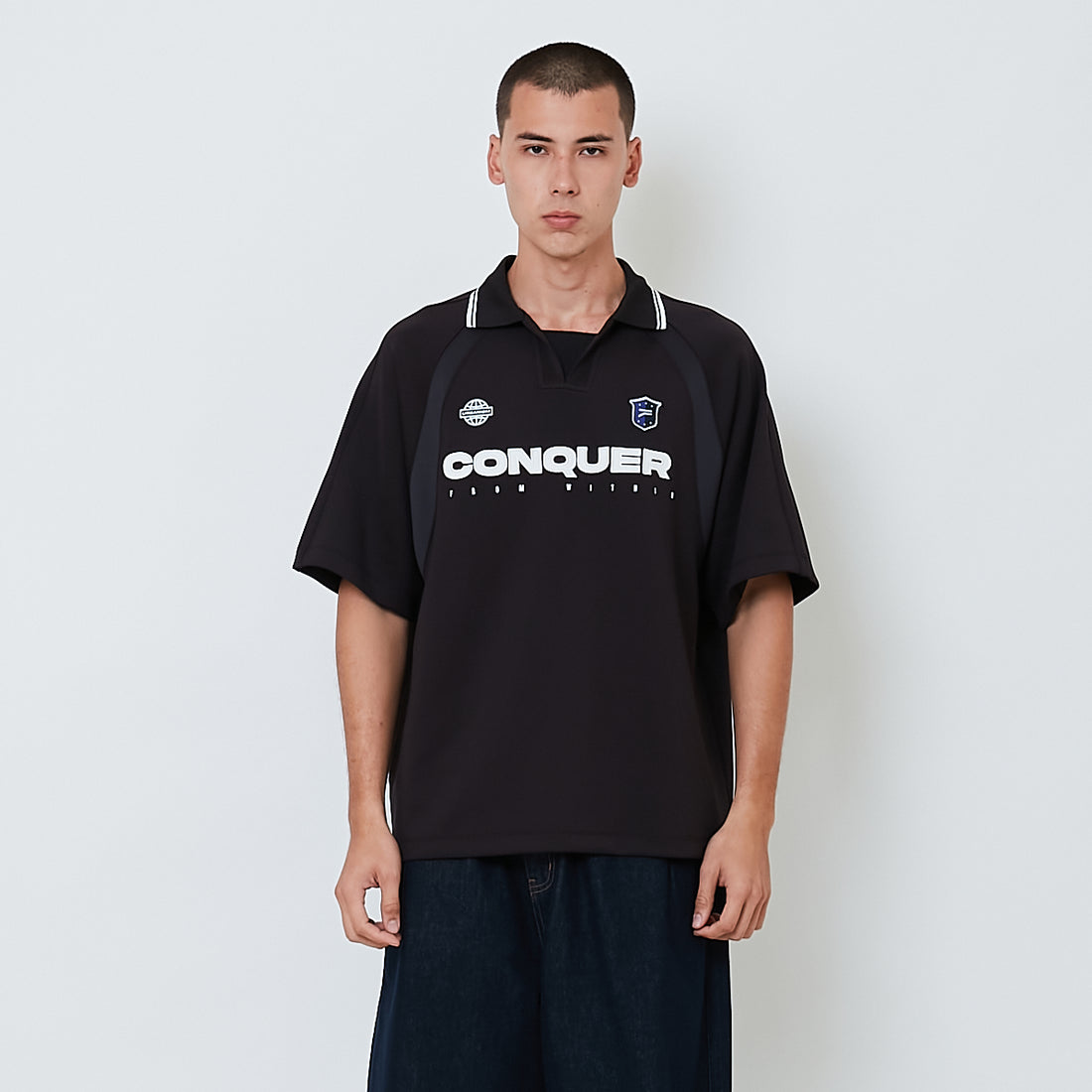 Men Printed Oversized Polo Tee - Black - SM2604044B