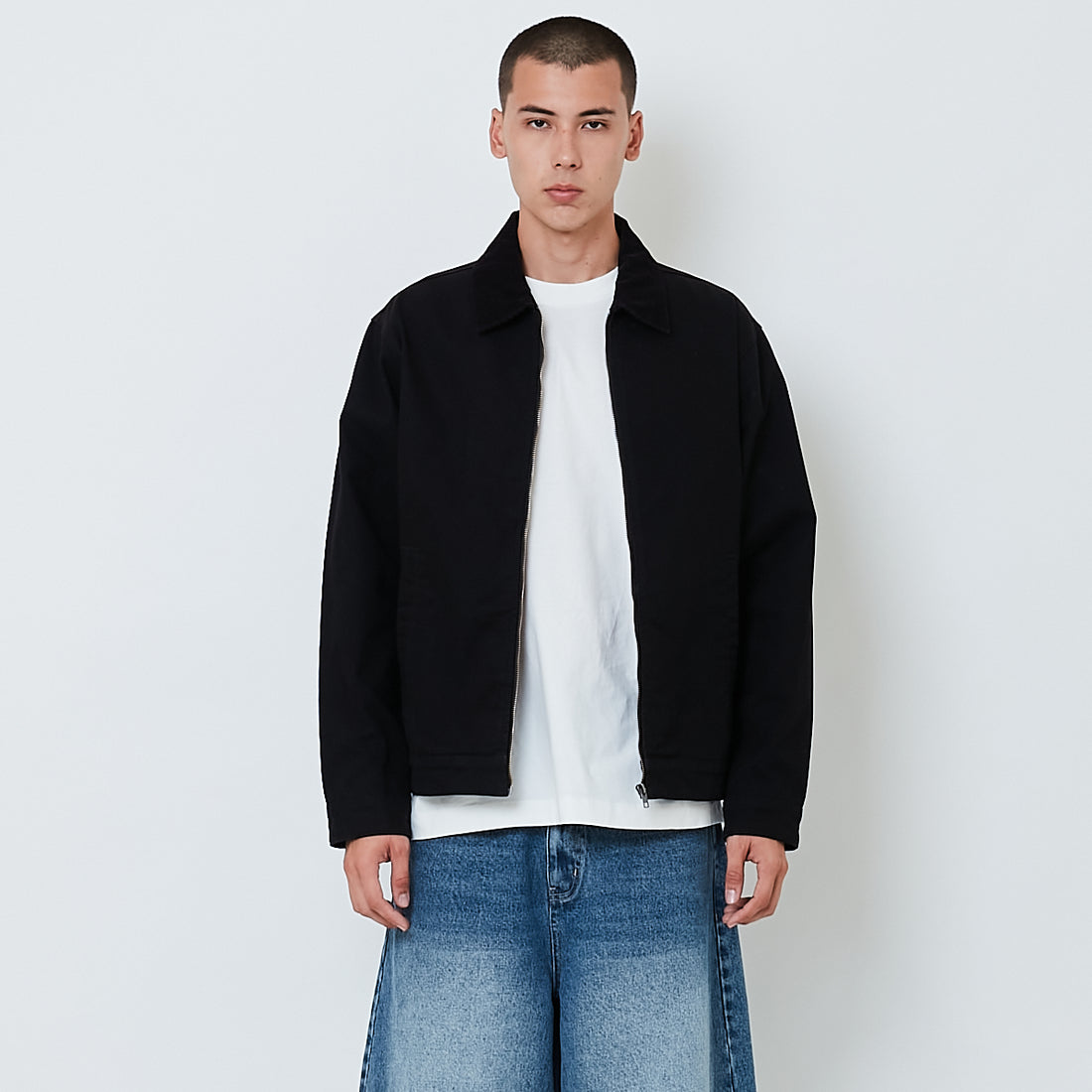 Men Corduroy Collar Twill Cropped Jacket - Black - SM2606126B