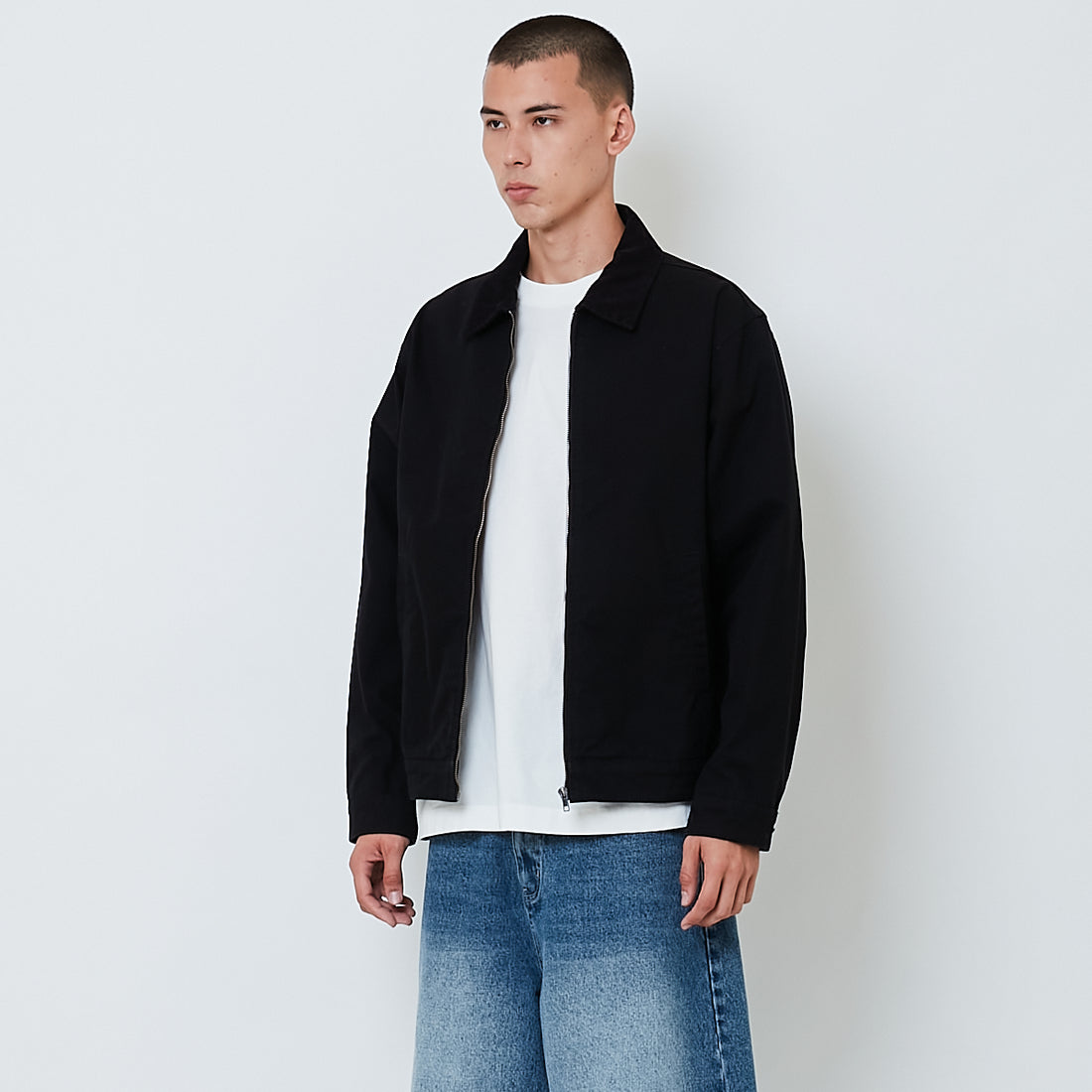 Men Corduroy Collar Twill Cropped Jacket - Black - SM2606126B