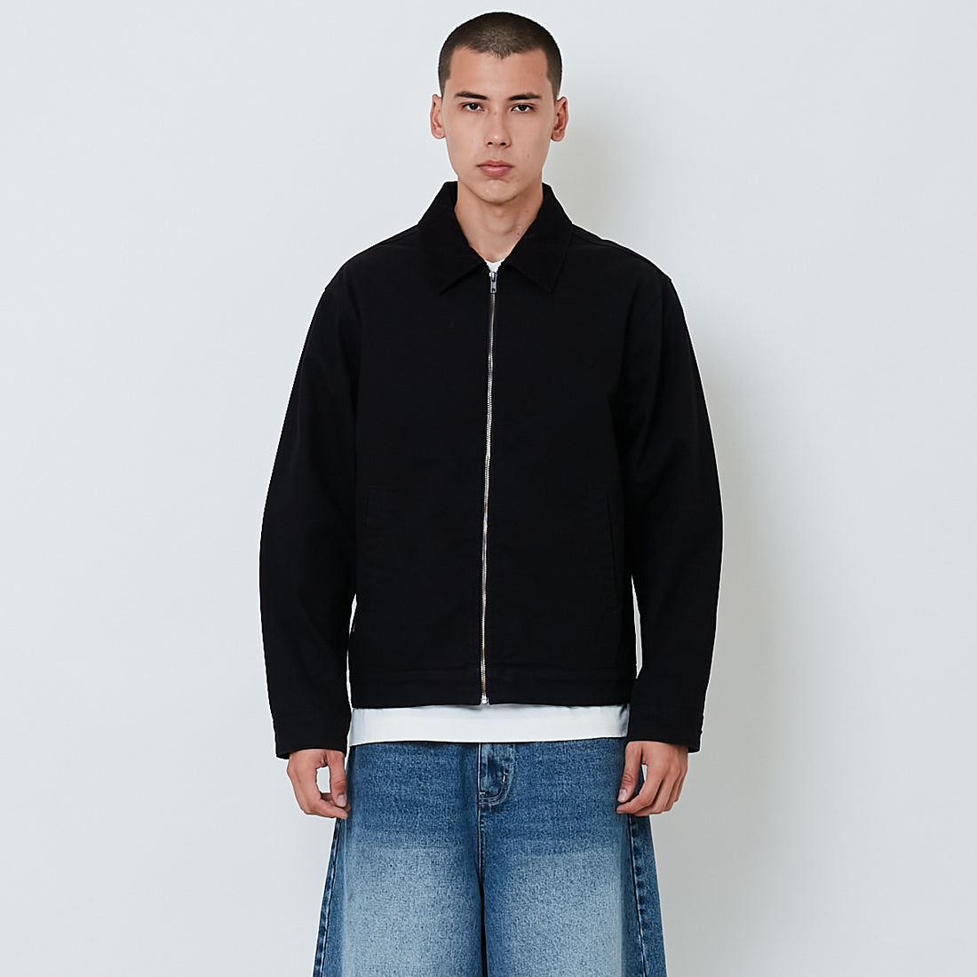 Men Corduroy Collar Twill Cropped Jacket - Black - SM2606126B