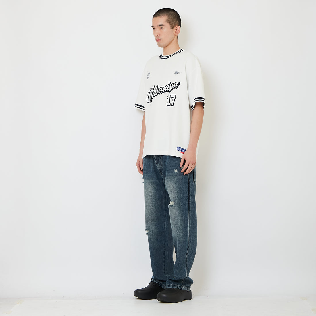 Men Straight Cut Ripped Long Jeans - Blue - SM2608088B