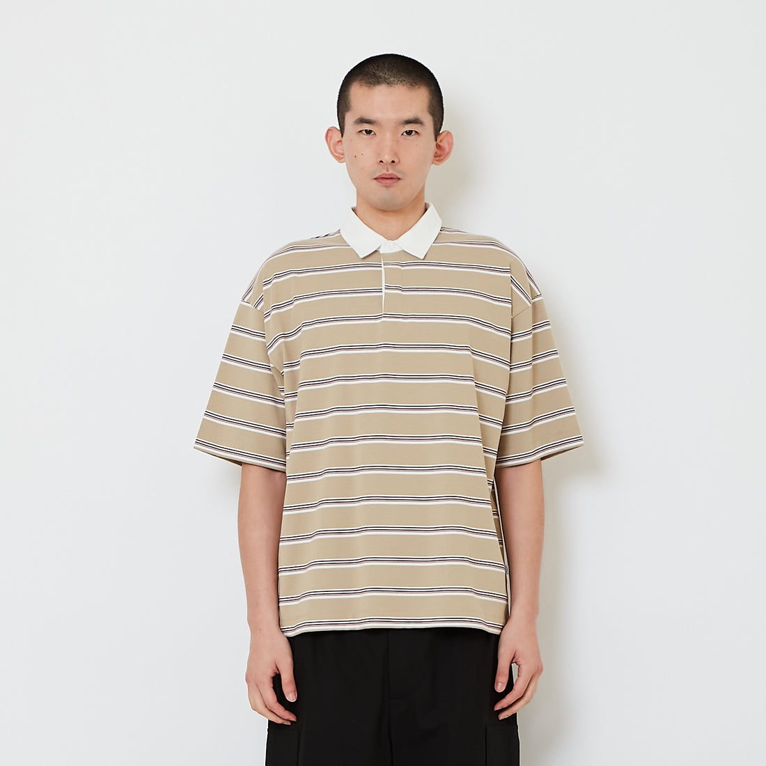 Men Oversized Stripe Polo Tee - Beige - SM2608163B
