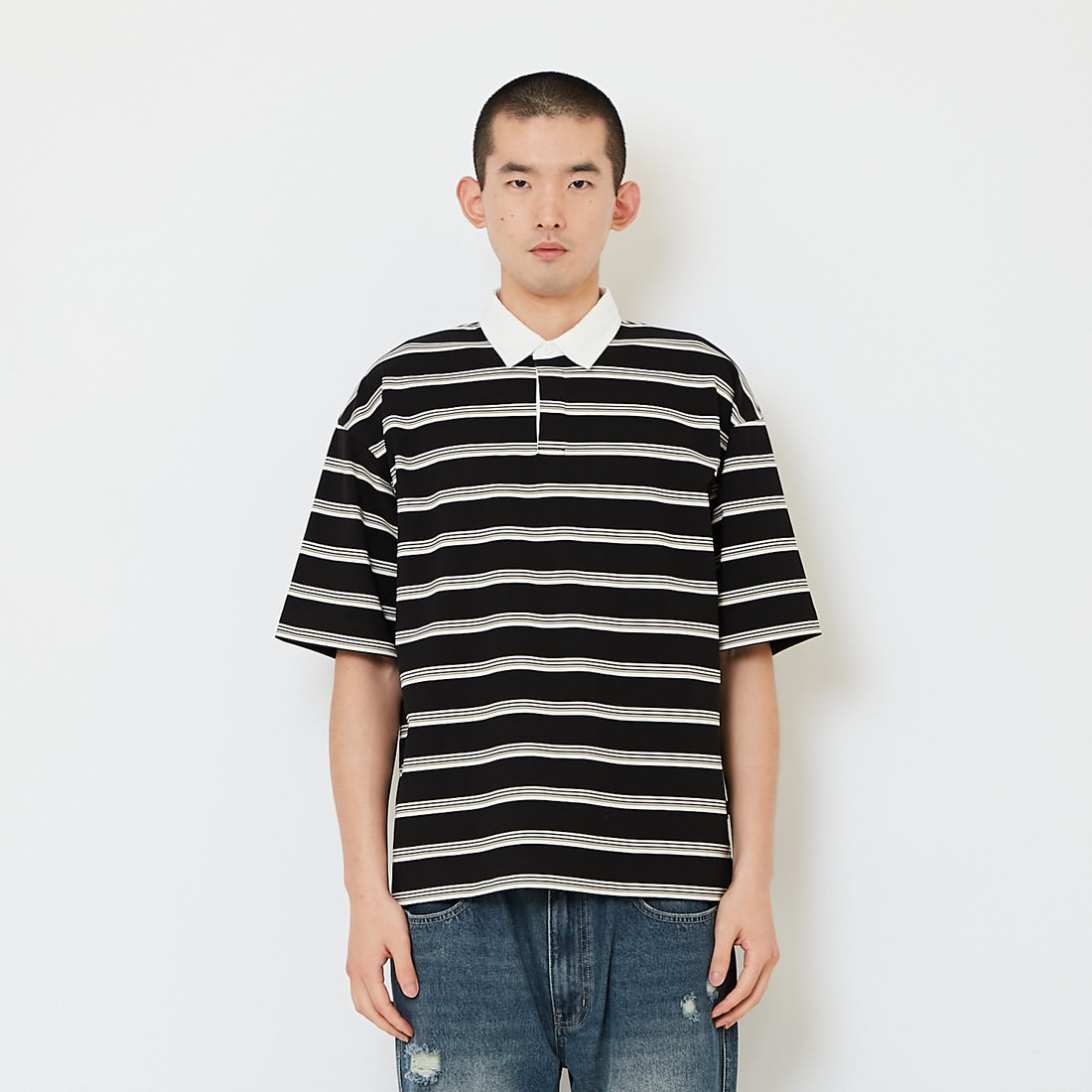 Men Oversized Stripe Polo Tee - Black - SM2608163D