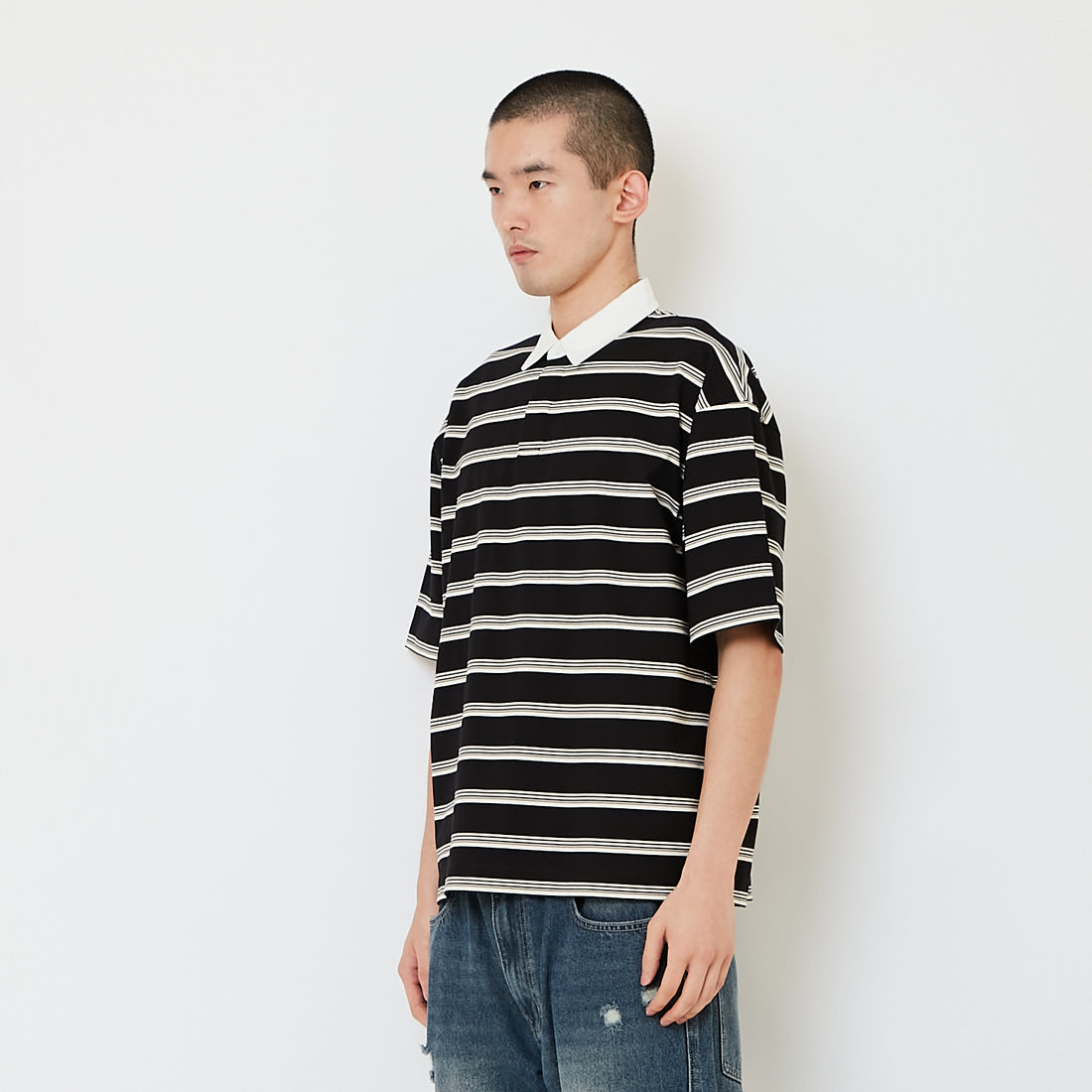 Men Oversized Stripe Polo Tee - Black - SM2608163D