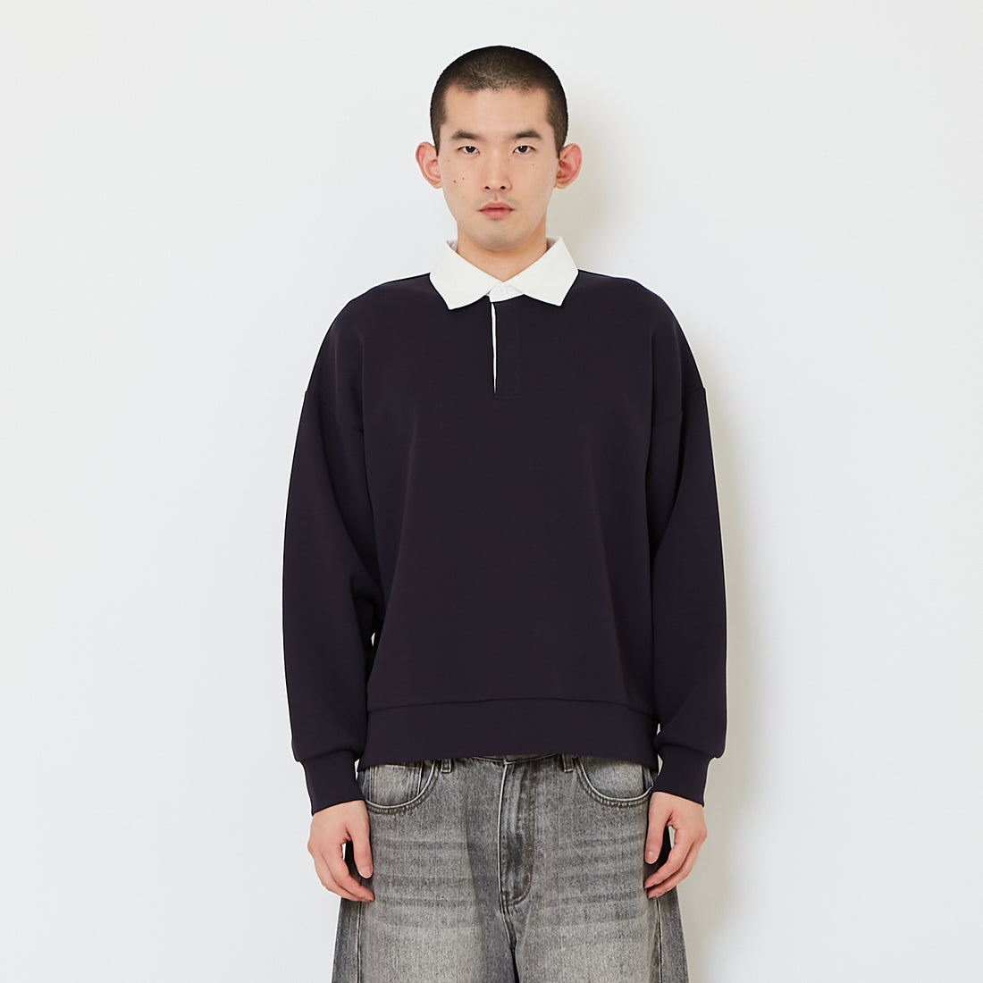Men Oversized Polo Top - Navy - SM2610190B