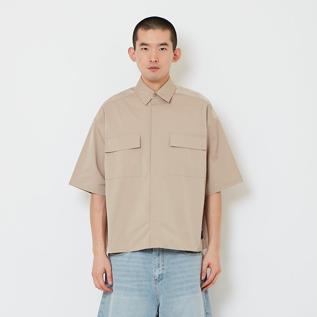 Men Boxy Cropped Shirt - Beige - SM2610203B