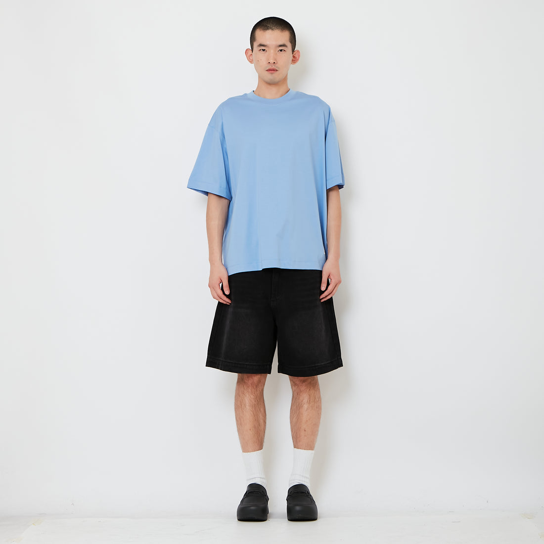 Men Wide Leg Denim Shorts - Black - SM2610208D