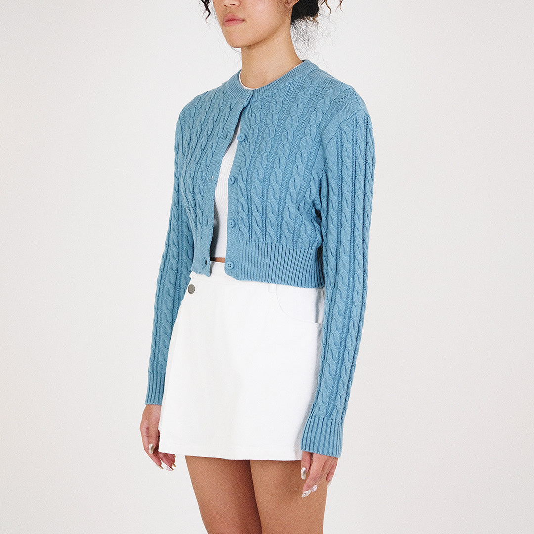 Women Cable Knit Cropped Cardigan - Turquoise - SW2209527D