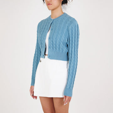 Women Cable Knit Cropped Cardigan - Turquoise - SW2209527D