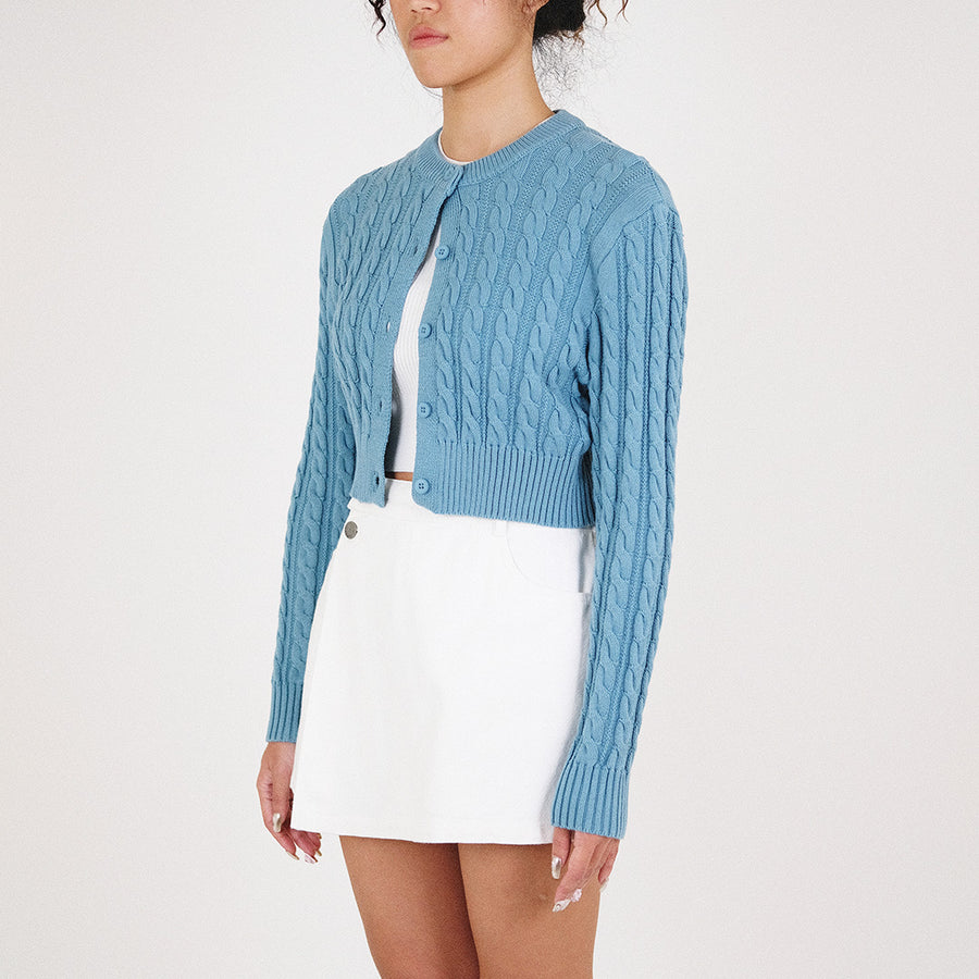 Women Cable Knit Cropped Cardigan - Turquoise - SW2209527D