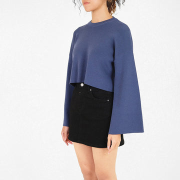 Women Bell Sleeve Cropped Sweater - Blue - SW2309117B