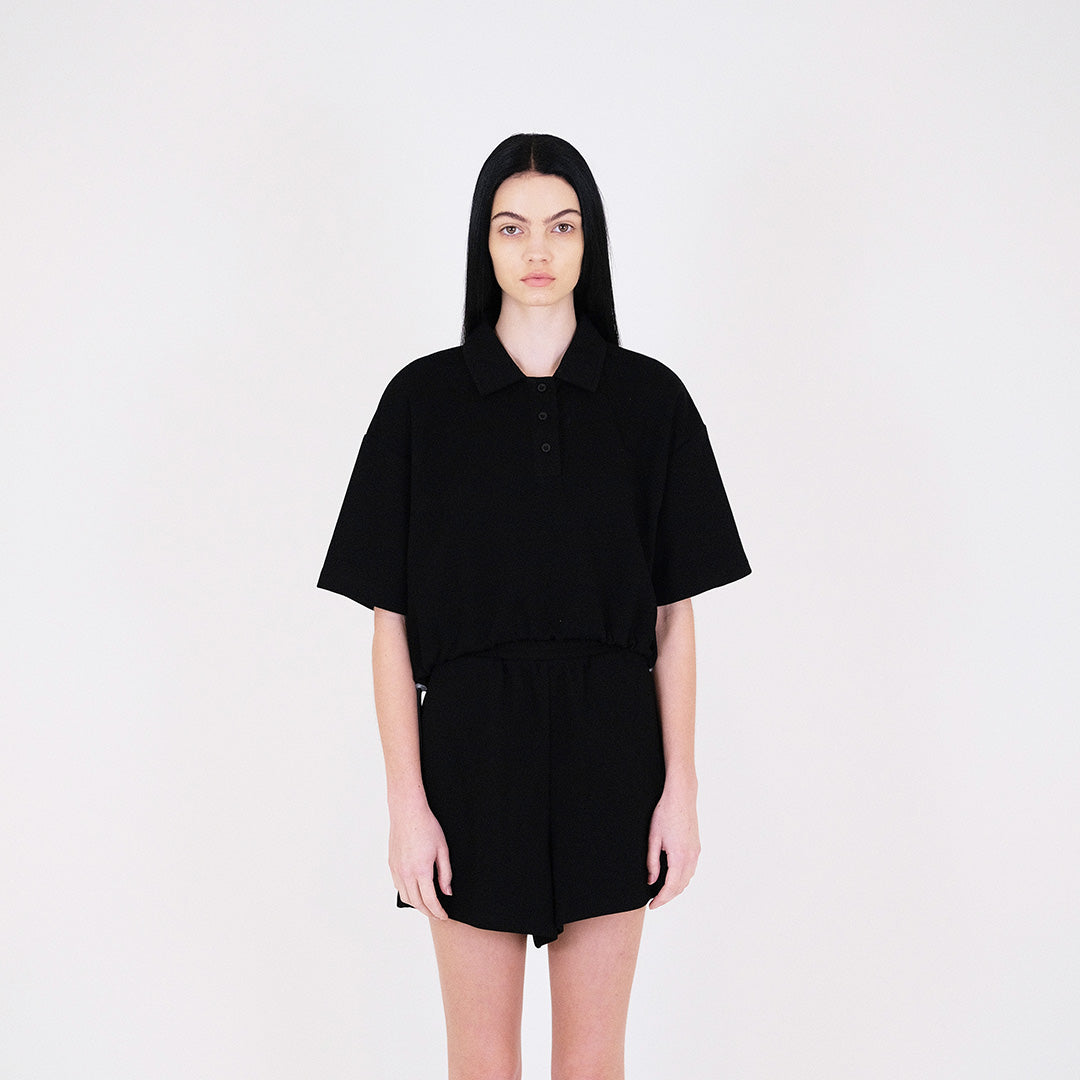 Women Pique Polo Top - Black - SW2311145D