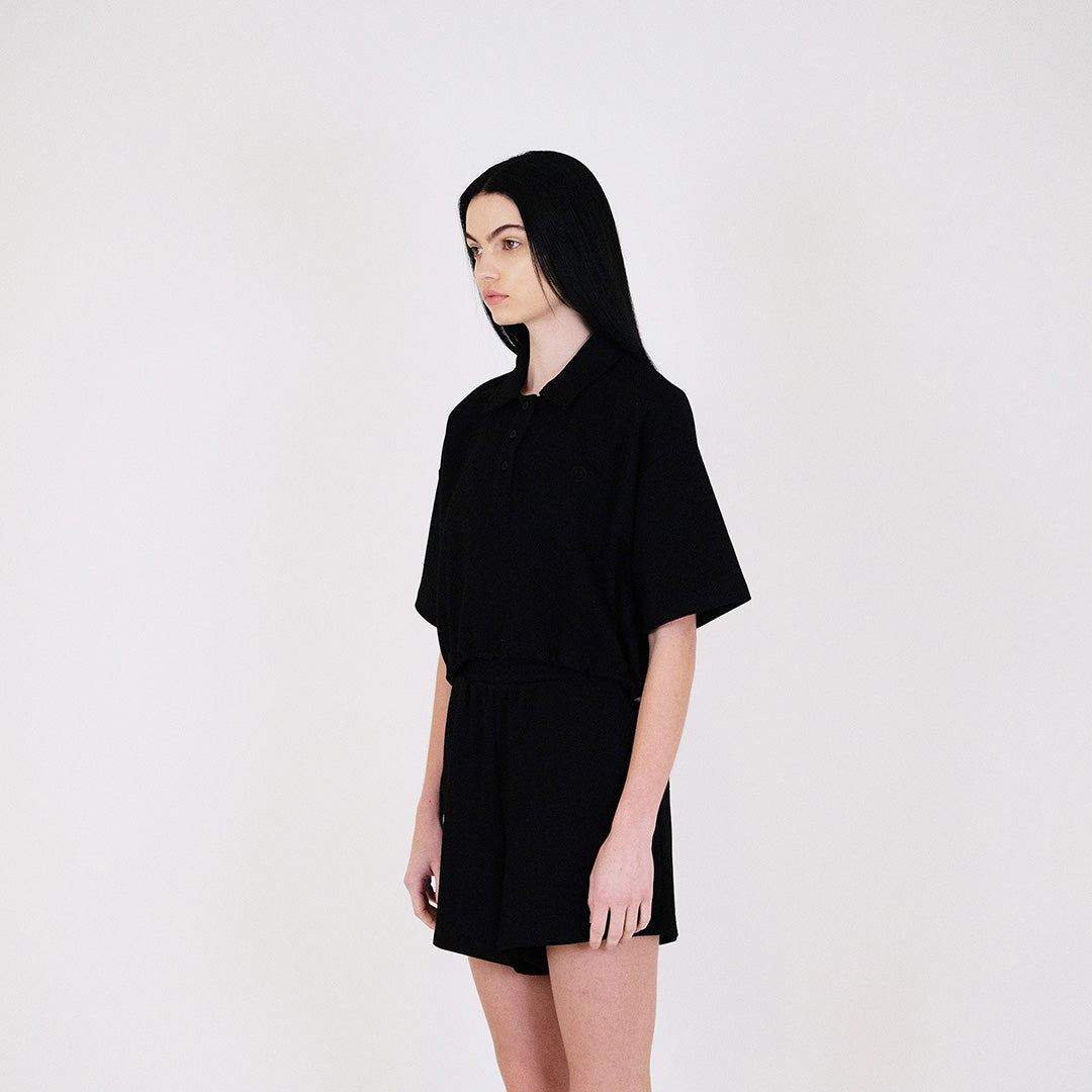 Women Pique Polo Top - Black - SW2311145D