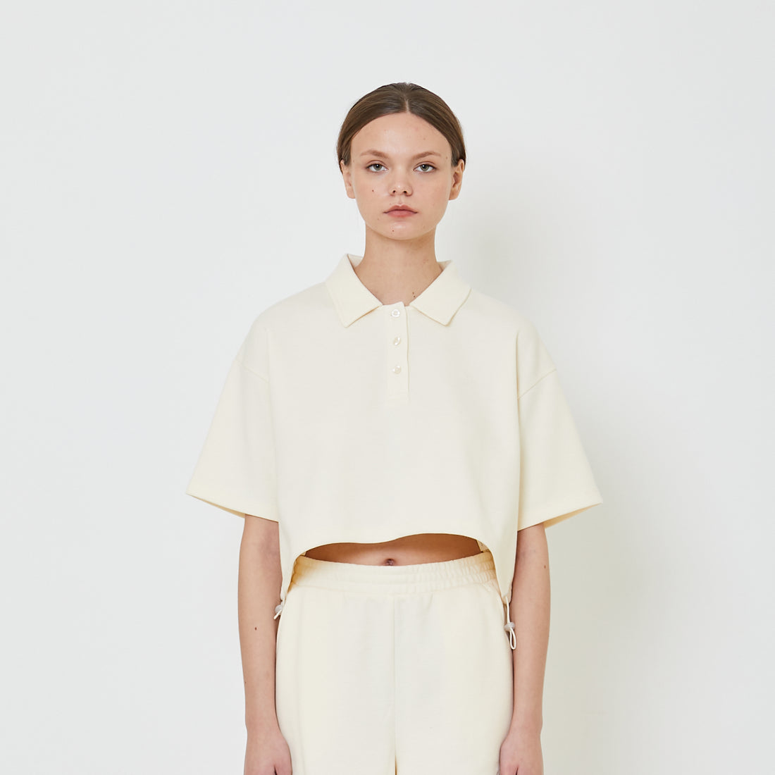 Women Pique Polo Top - Cream - SW2311145E