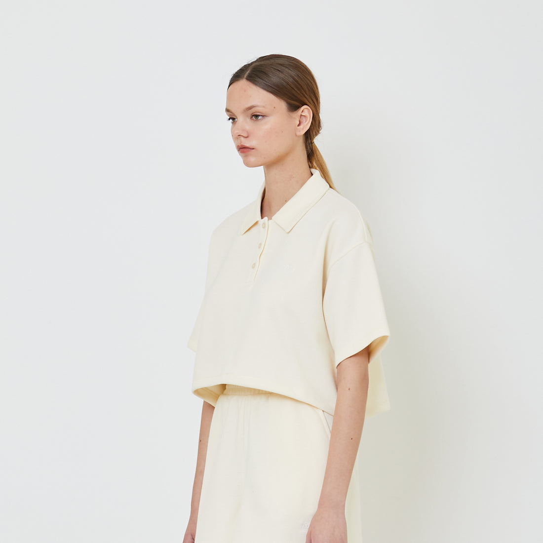 Women Pique Polo Top - Cream - SW2311145E