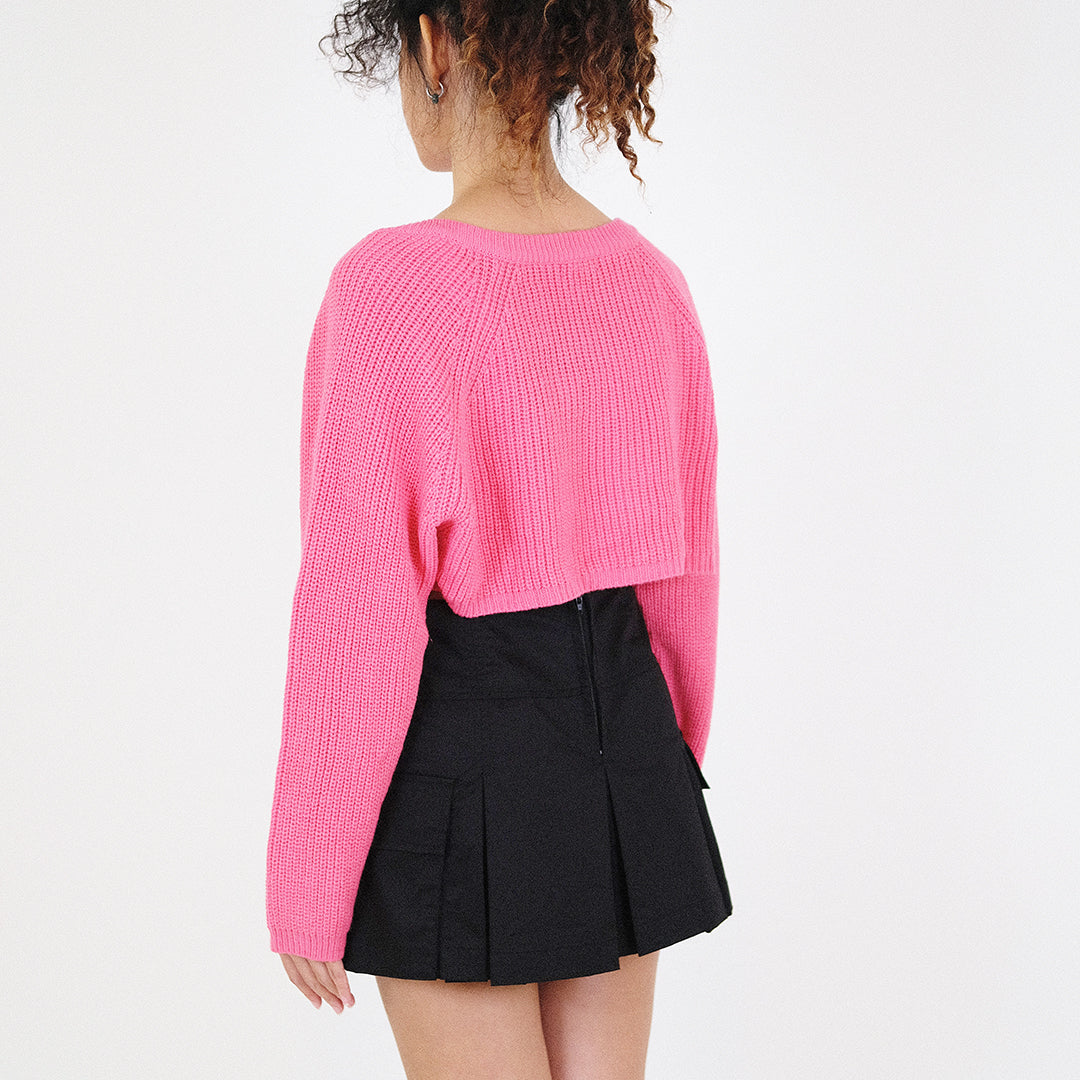 Women Knit Cropped Cardigan - Fuchsia - SW2311148C