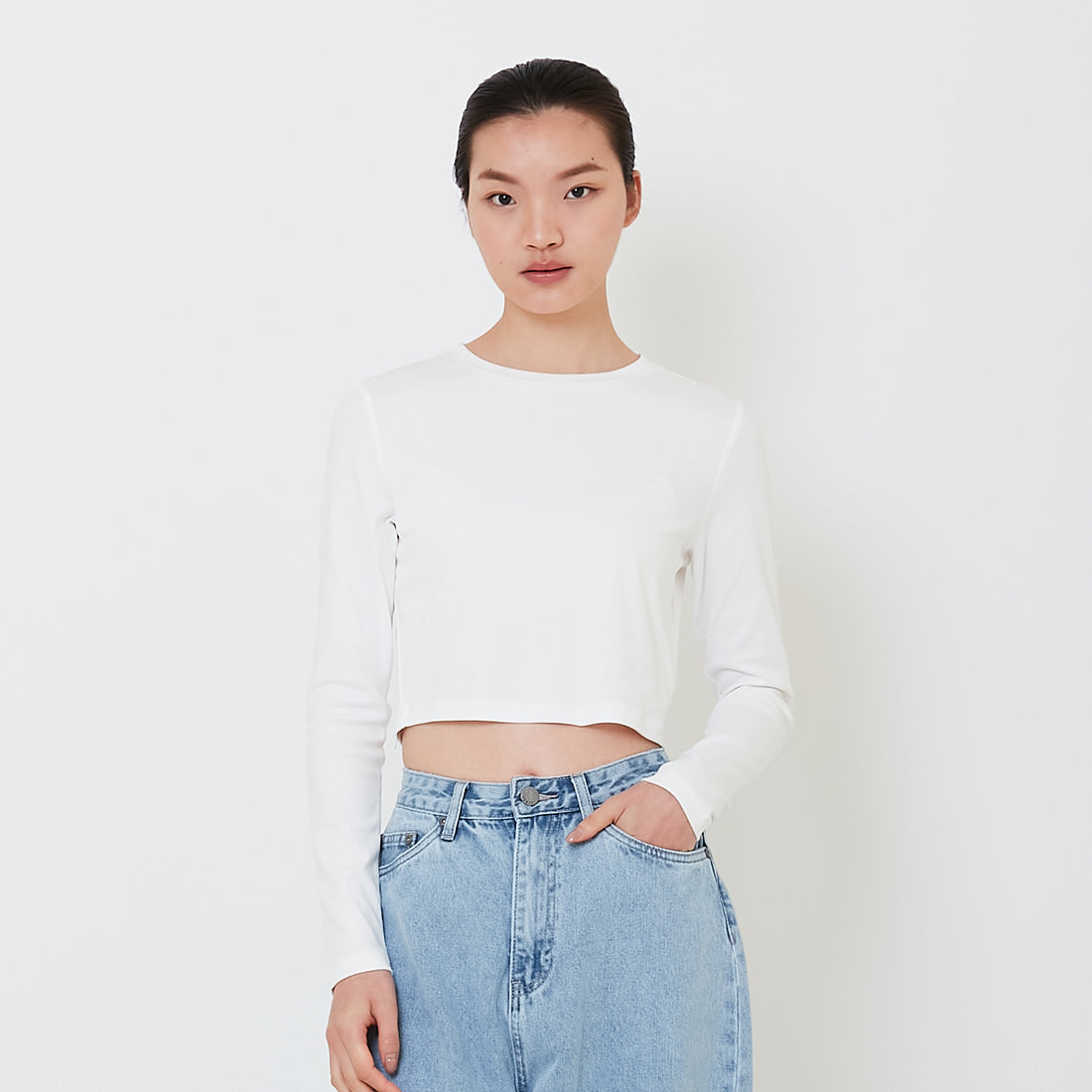 Women Long Sleeve Cropped Top - Off White - SW2501003A