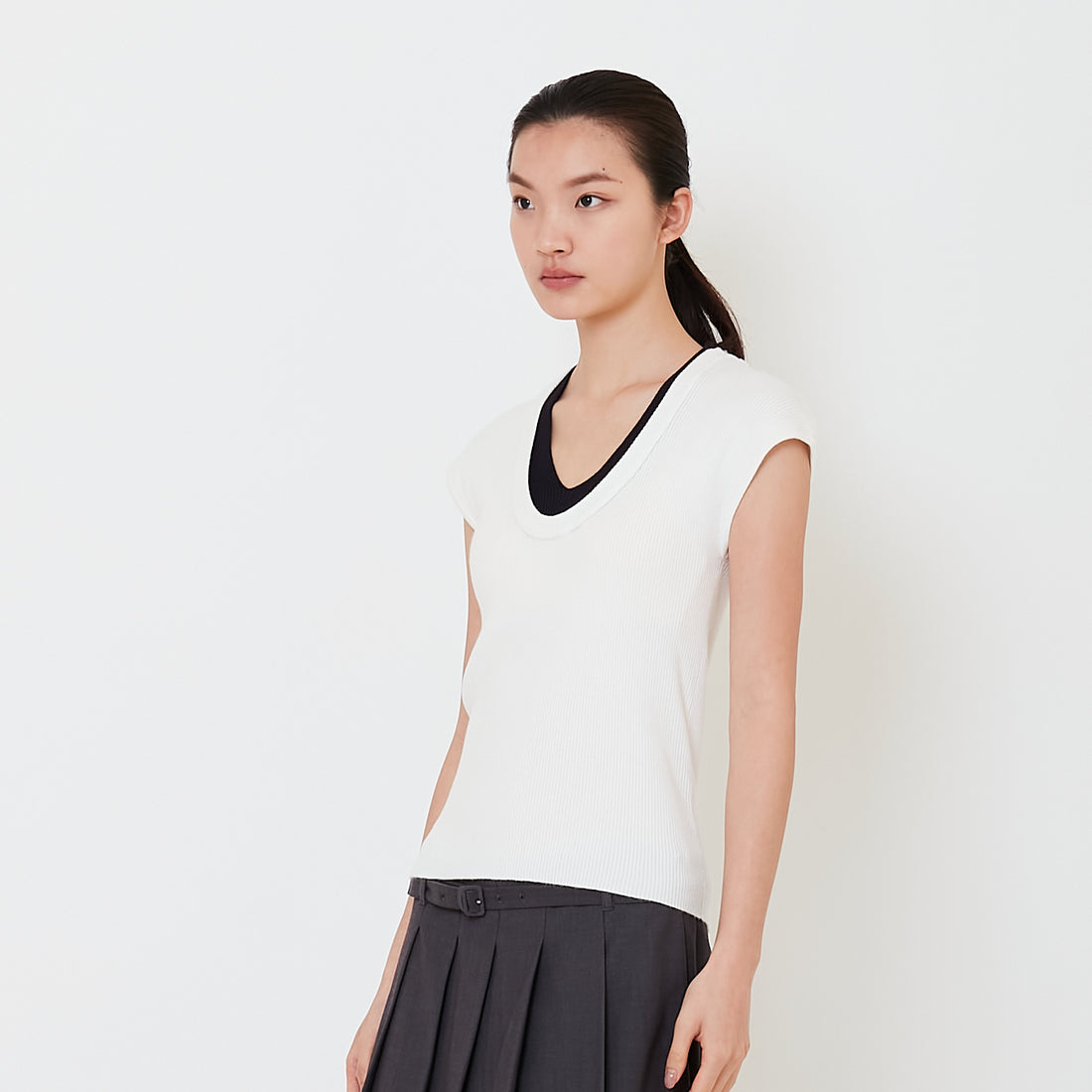 Women Contrast Rib Knit Top - Off White - SW2501012A