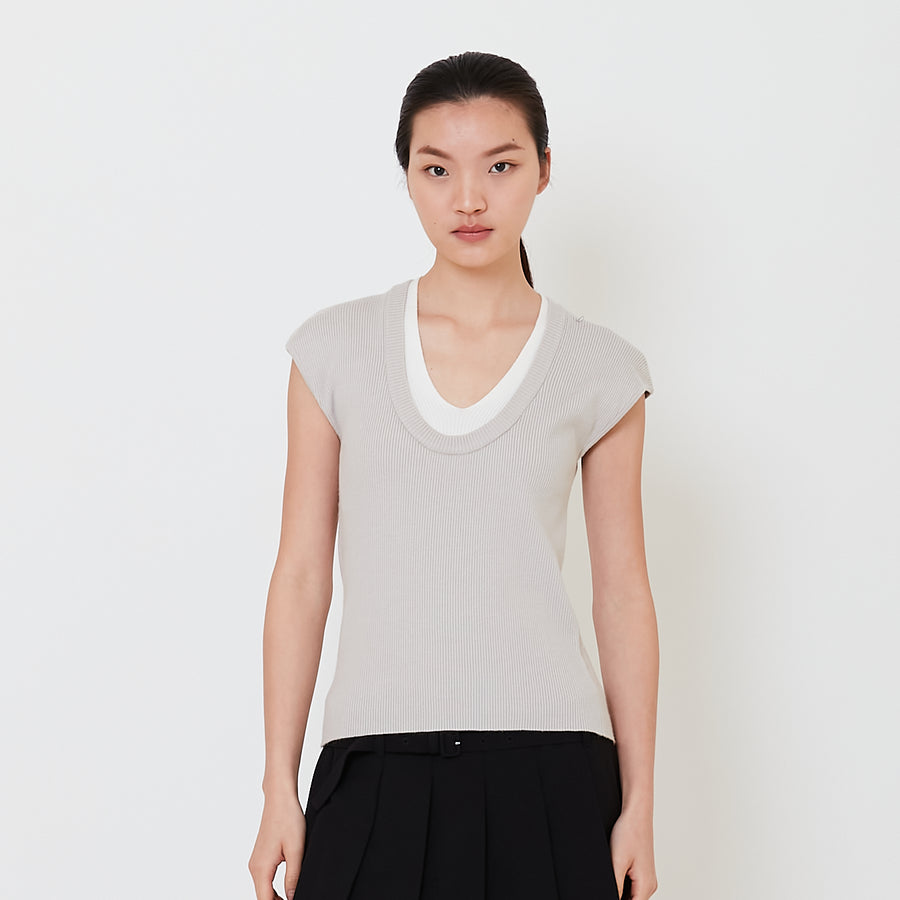 Women Contrast Rib Knit Top - Stone - SW2501012B