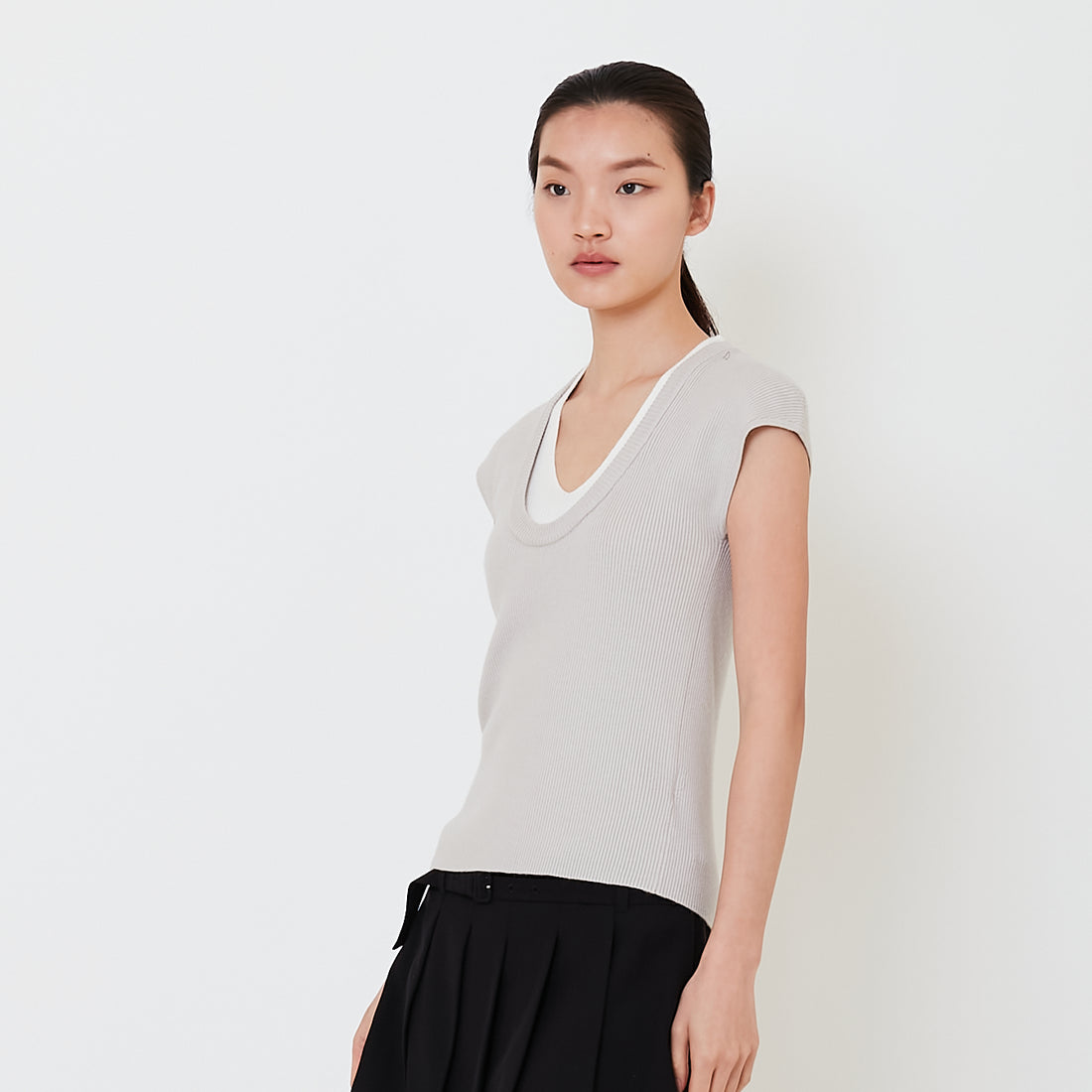 Women Contrast Rib Knit Top - Stone - SW2501012B