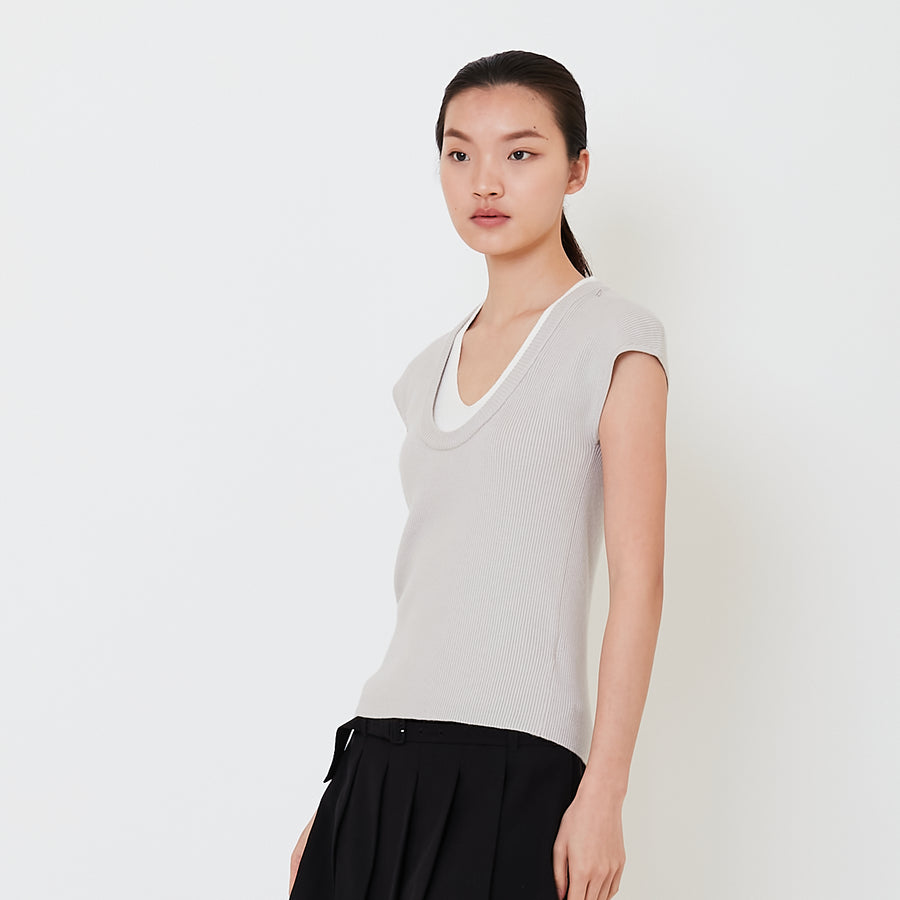 Women Contrast Rib Knit Top - Stone - SW2501012B