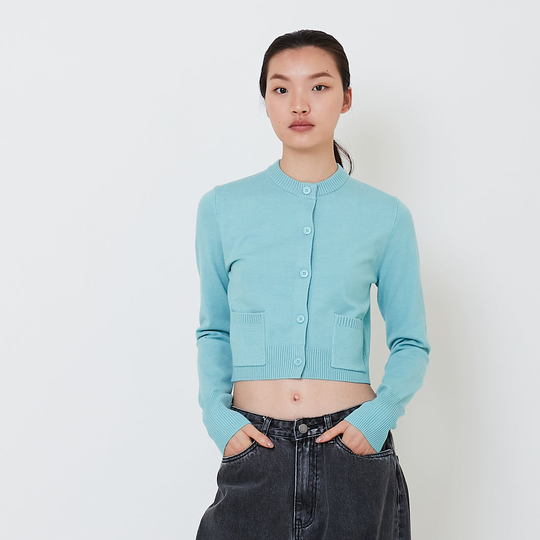 Women Cropped Cardigan - Turquoise - SW2501014C