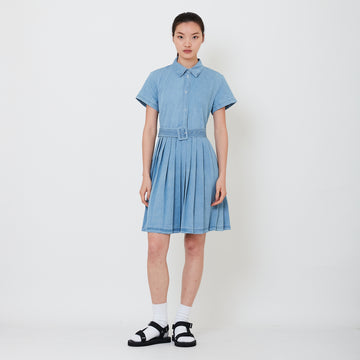 Women Pleated Short Dress - Light Blue - SW2501029A