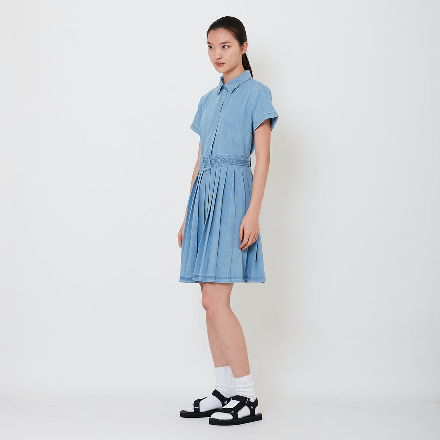 Women Pleated Short Dress - Light Blue - SW2501029A